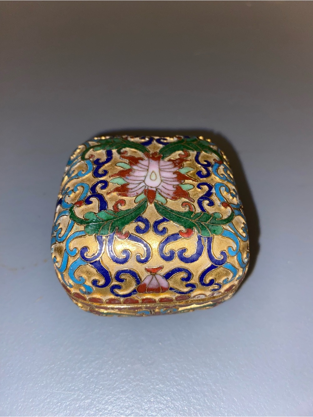 Vintage Chinese Gold-Tone Cloisonné Floral Trinket Box - Multicolor